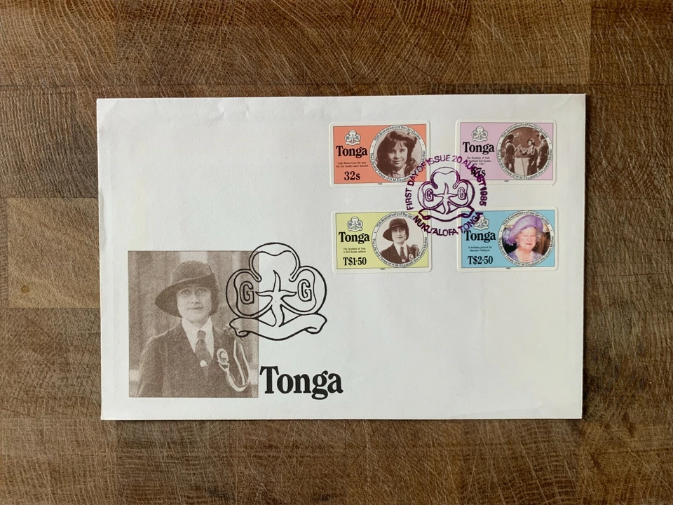 TONGA 1985 FDC QUEEN MOTHER 85TH BIRTHDAY GIRL GUIDES NORMAN PARKINSON SA - Image 1 of 1