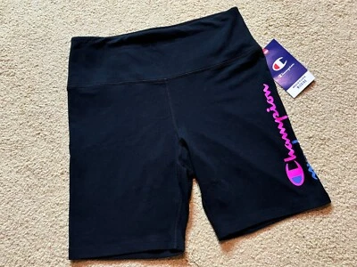NWT Champion Pink Logo High Rise Biker Black Cotton Spandex Yoga Gym Shorts M - Image 1 of 4
