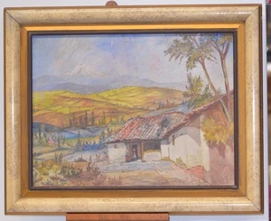 ANCIEN CADRE TABLEAU PEINTURE SUR TOILE VILLAGE SUD AMERICAIN - Imagen 1 de 9