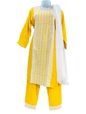 Pantalón Kurta de diseño bordado con red Dupatta para mujer traje recto de mezcla de algodón Foto 1 de 4