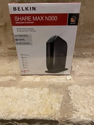 BRAND NEW!  BELKIN SHARE MAX N300 WIRELESS ROUTER W/ 2 USB PORTS (PT.# F7D7301) - Image 1 of 4