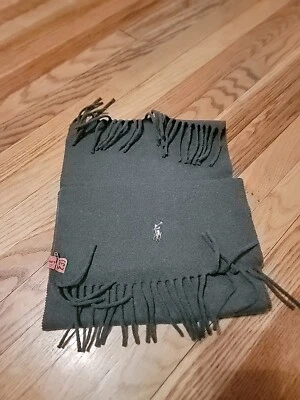 Polo Ralph Lauren Brown Pony Green Scarf 100% Lambs Wool  Fringe - Image 1 of 4