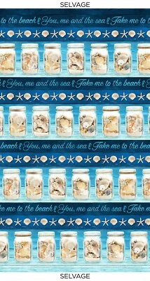 Tecido de concha de praia frasco de concha de mar listrado algodão tesouros atemporais C6745 jarda - Imagem 1 de 2