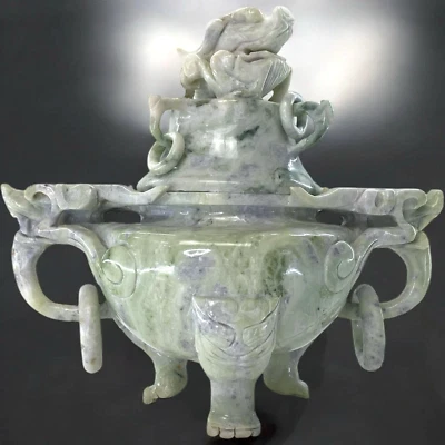 Quemador de incienso chino vintage incensario tallado a mano verde jade mármol dragones 11" Foto 1 de 4