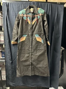 Vtg PIONEER WEAR Black Duster Coat -Southwestern Suede & Fringe C9 - Picture 1 of 9