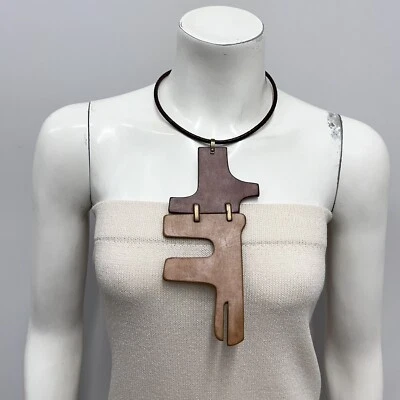 Donna Karan New York Leather Collar Necklace Brown & Tan Leather Pieces w/ Metal - Image 1 of 4