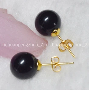 Natural 10mm Black Agate Gemstone Round Beads Gold Stud Earrings  - Picture 1 of 6