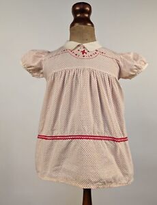 SWEET VINTAGE 1930’S RED POLKA DOT GIRL’S DRESS W BIRD EMBR - GREAT FOR DOLL