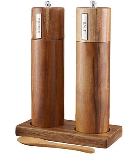 TEOM Wooden Salt and Pepper Grinder Set Acacia Wood & Refillable Manual Herb AU - Picture 1 of 7