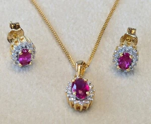 18ct Gold Plated Silver Ruby & Diamond Accent Earrings & Pendant Set. RRP £80 - Picture 1 of 7