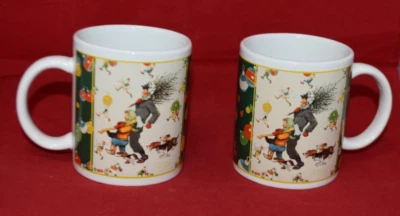 Set of 2 Christmas Mugs Norman Rockwell BRINGING HOME THE TREE Houston Harvest - Image 1 of 4