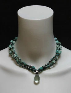 TRIPLE-STAND ROUGH-CUT TURQUOISE BEAD CHOKER WITH GLASS DROP - Picture 1 of 1