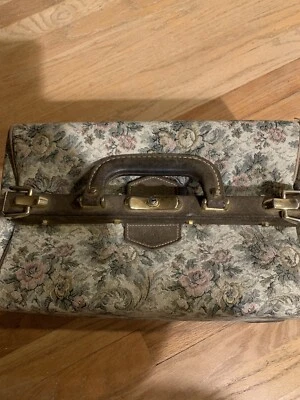 Vtg FRENCH Luggage Grey Rose Floral Tapestry  Cosmetic Train Case Purse Bag - Image 1 of 4