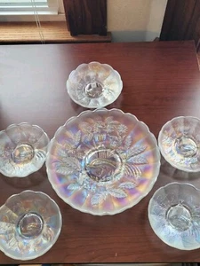 Nice White Northwood Carnival Glass Peacock & Urn (6) Piece Ice Cream Bowl Set - Picture 1 of 21