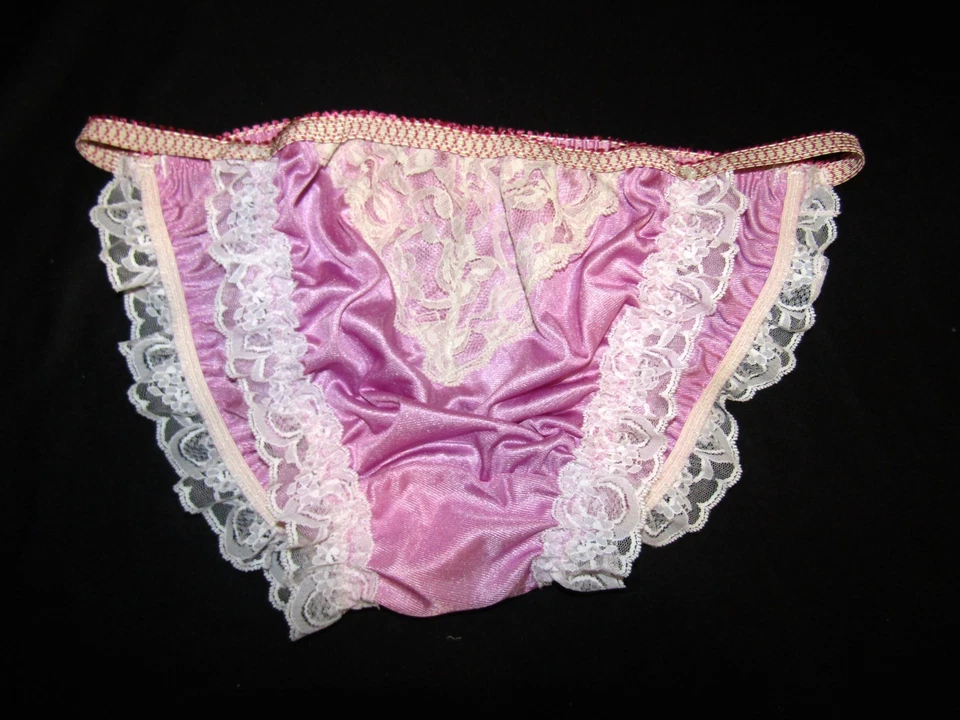 Vtg Lavender Satin String Bikini Nylon Sz 9 Custom Sissy Wide Gusset low rise - Image 1 of 4