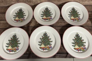 Cuthbertson 6 American Christmas Tree Porcelain Dinner Plates 10 1/4" Red Rimmed - Picture 1 of 12