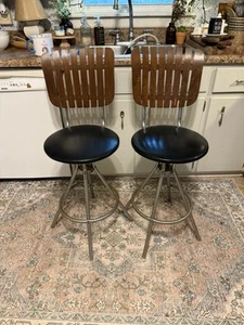 Lot Of 2 Vintage MCM Umanoff Style Comfort Line Wood Slat Vinyl Seat Bar Stools - Picture 1 of 24