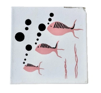 RARE MCM Original Redondo Tile-White With Pink & Black Fish-4.25x4.25”-Read - Image 1 of 4