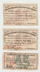 3 coupon obbligazionari Western Maryland Railroad (ferrovia) WMRy WMRR 1888, 1889, 1891 - Foto 1 di 1