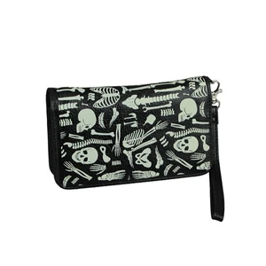 Glow in the Dark Skeleton Print Black Vinyl Wallet With Removable Wrist Strap - Picture 1 of 5
