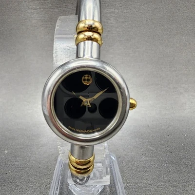 Movado Bareleto Watch Women 24mm Black Dial Two Tone Round Bangle New Battery - Image 1 of 4