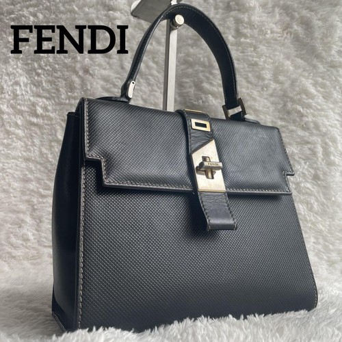 Autentica borsa FENDI Turnlock formale tutta pelle elegante carina nera