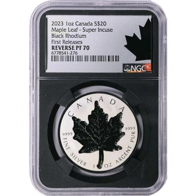 1 Oz Silber - 2023 Maple Leaf Super Incuse $20 - Rhodium NGC First Releases PF70 - Bild 1 von 2