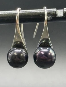 New Condition Sterling Silver Freshwater Black Pearl Dangle Earrings - Picture 1 of 7