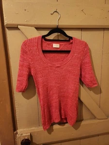 Gorman Women's Pink Fitted Ribbed Tight Knit Short Sleeve Cotton Top Size 10 - Picture 1 of 4