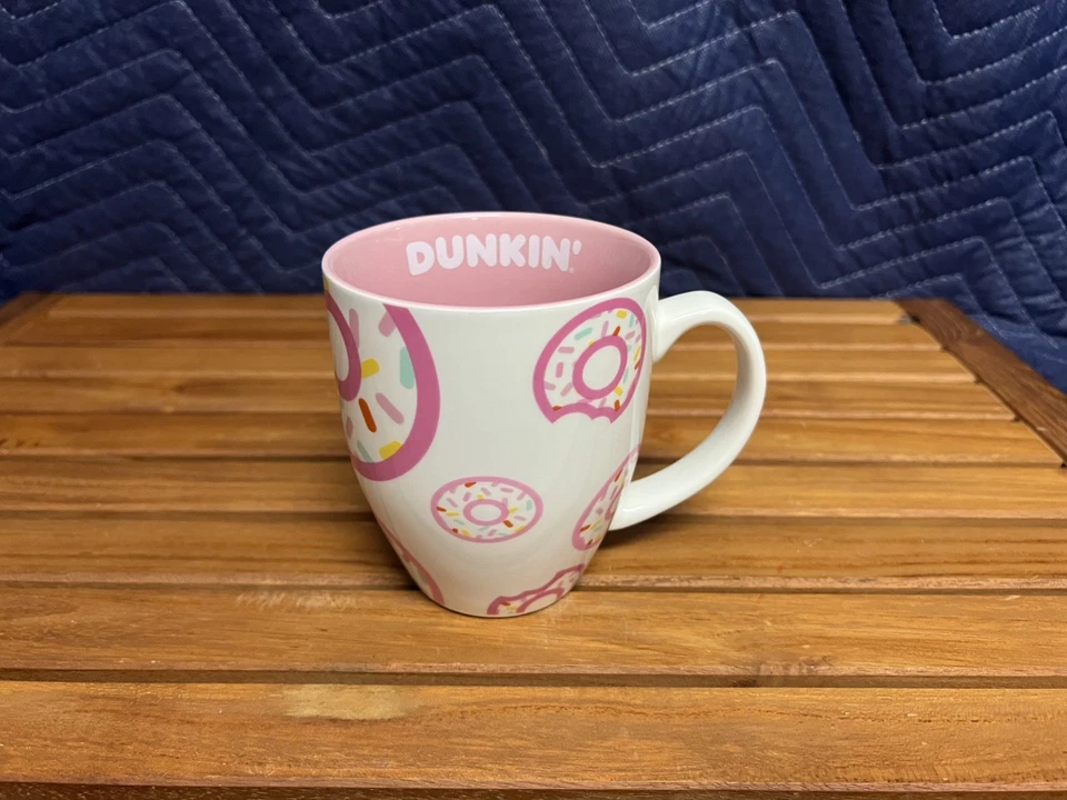 Dunkin Donuts 17oz Mug Coffee Cup Sprinkles Pink White 2020 4.25" Tall - Image 1 of 4