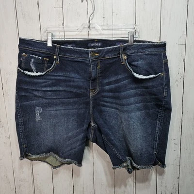 Pantalones cortos de mezclilla para mujer Vigoss lavado oscuro desgastado dobladillo crudo Jagger talla 22W elásticos Foto 1 de 4