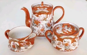 Stunning Antique 3 Pc Kutani Tea Set Red Wht & Gold Gilt Bird & Floral Meiji Era - Picture 1 of 21
