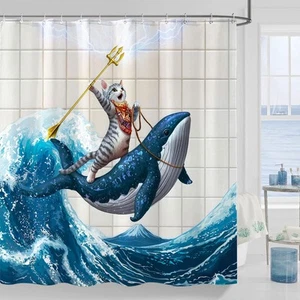 Cat Shower Curtain Ocean Funny Shower Curtain Whale Shower Curtains for Bathr... - Picture 1 of 7