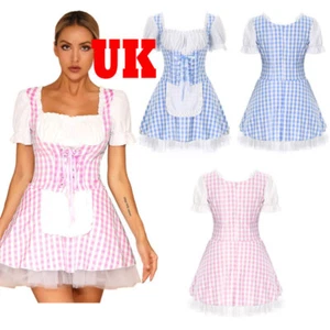UK Womens Gingham Miss Muffet Cosplay A-Line LaceDress Halloween Dress-up Party - Picture 1 of 28