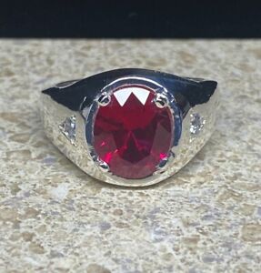 Sterling Silver 925 Men's Solid Ring Simulated Ruby Stone