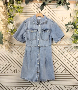 Zara Girls’ Denim Snap Fringe Short Sleeve Dress Medium Blue Collared Sz 11-12 - Picture 1 of 6