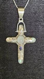 Beautiful Vintage 925 Sajen Moonstone Topaz Abalone Cross Necklace - Picture 1 of 13