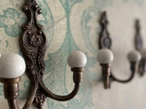 2 Vintage Brushed Brass Porcelain Knob Hooks Wall Mount Towel Hanger Coat Hooks - Picture 1 of 9