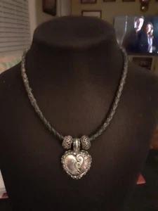 Silver Tone Pendant Heart on Black Braided Cord - Picture 1 of 5