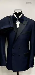 Navy blue double breasted peak lapel wool tuxedo with matching pants-Italy - Picture 1 of 4