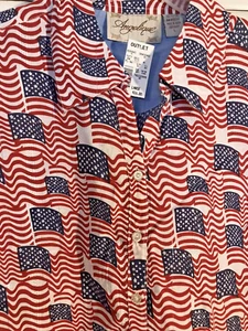 Vintage Flag Print Shirt Womens LARGE Americana Patriotic USA 4th of July - Picture 1 of 5