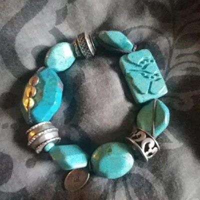 Silpada Sterling Silver Turquoise Stretch Bracelet B2162 Carved Howlite Magnasit - Image 1 of 4