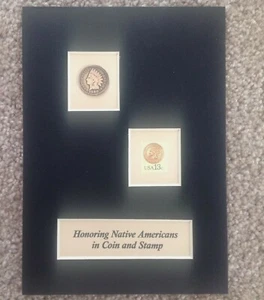 MATTED 5X7 NATIVE AMERICAN U.S. POSTAGE STAMP & GENUINE 1900 INDIAN HEAD PENNY - Picture 1 of 3
