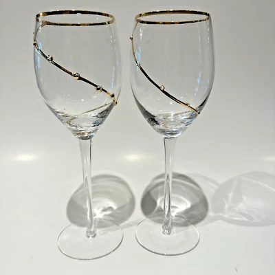 "Juego de 2 PIER 1 PUNTO DORADO BORDE REMOLINO VINO BLANCO/TALLO COPA DE AGUA 9 1/2""" Foto 1 de 4