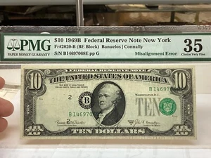 $10 1969B PMG 35 Misalignment Error Overprint FR#2020-B Scarce Series - Picture 1 of 6
