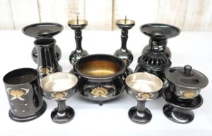Japanese Vintage Buddhist Altar ware set Black flower ornament - Picture 1 of 10