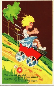 Chica rueda por una colina con un cochecito divertida postal vintage B133 - Imagen 1 de 2