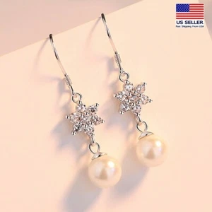 Women 925 Silver Crystal Earrings Elegant Tassel Pearls Bling Stars Stud 1278 - Picture 1 of 5