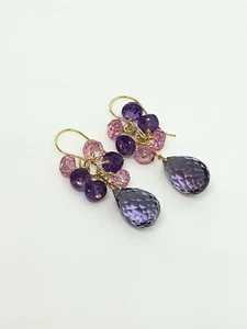 14k Yellow Gold Amethyst and Pink Topaz Cluster Waterfall Dangle Earrings - Picture 1 of 5
