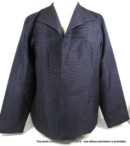 EILEEN FISHER WOMENS NAVY BLUE SILK PLEATED FORMAL JACKET SZ L - Picture 1 of 6